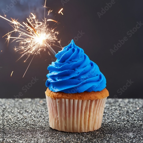 Blue Cupcake With Sparkler on Top and Colorful Sprinkles Around