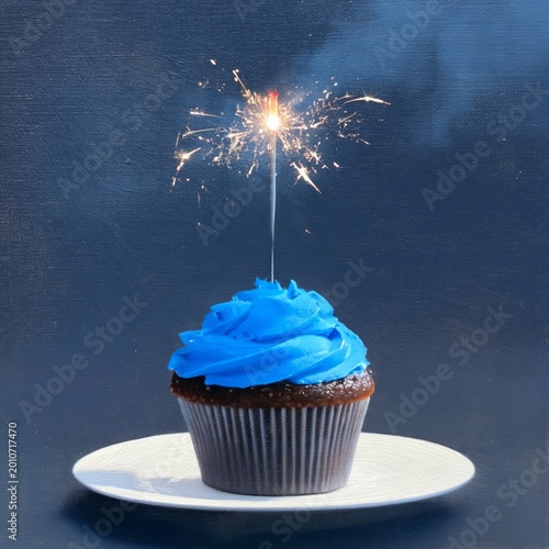 Cupcake With Blue Frosting and Sparkler on a Plate at a Celebration Party