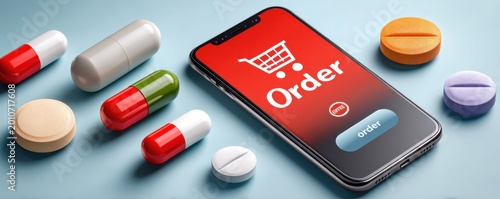Smartphone online pharmacy order with pills and capsules on a light blue background