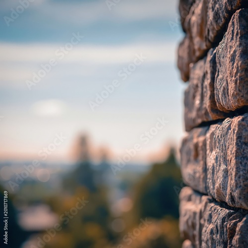 Stone Wall Stands in Focus With Blurred Field Behind It During Cloudy Day