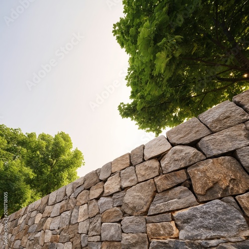 Stone Wall and Green Trees in a Sunny Outdoor Setting During the Day