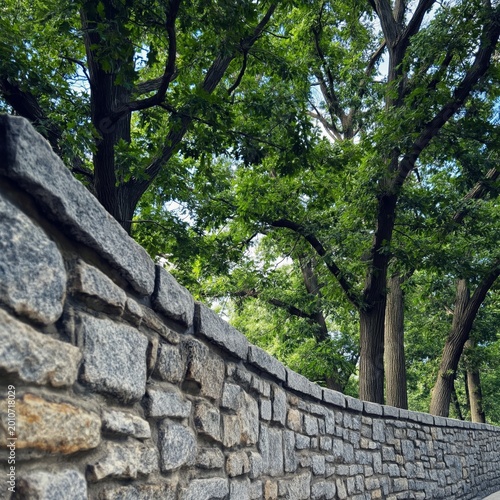 Stone Wall Beside Trees in a Park Area With Green Leaves and Clear Blue Sky D...