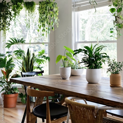 Bright Indoor Space With Plants in Pots and a Wooden Table During Daylight Hours