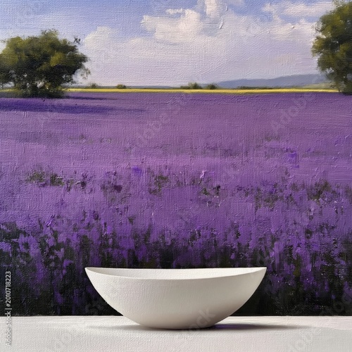 Lavender Field With White Bowl in Foreground During Bright Sunny Day