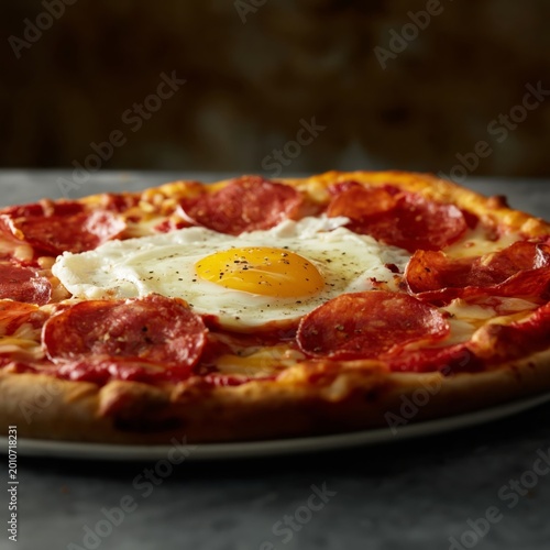Delicious Pizza With Pepperoni and Egg on Top Served on White Plate