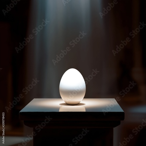 Light Shines on an Egg Placed on a Pedestal in a Dim Room During Nighttime