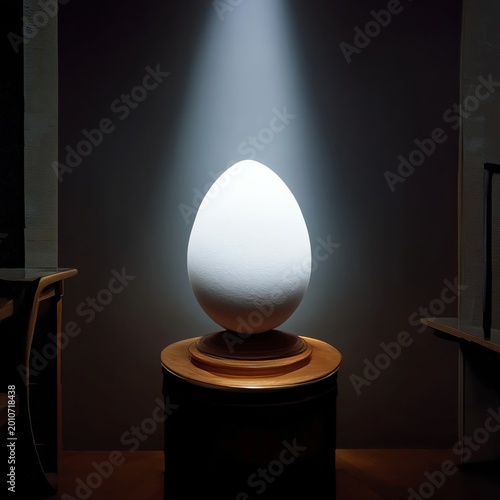White Egg Placed on Wooden Pedestal Under a Spotlight in a Dark Room