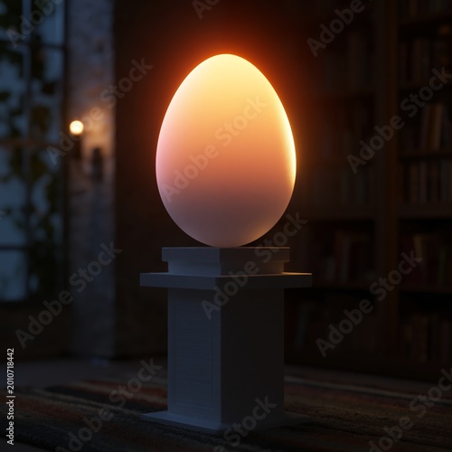 Light Shines on an Egg Placed on a Pedestal in a Dim Room During Nighttime