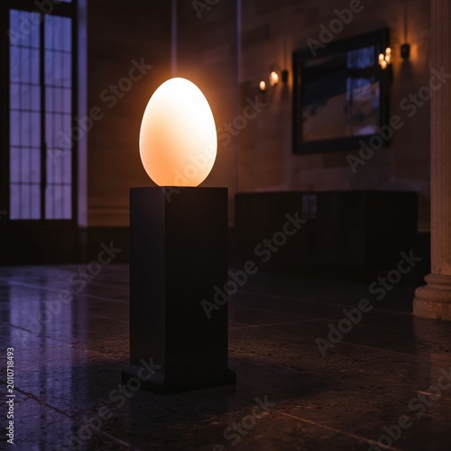 White Egg Placed on Wooden Pedestal Under a Spotlight in a Dark Room