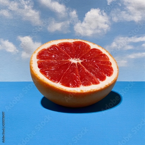 Colorful Grapefruit Half Placed on a Blue Background With Dark Surroundings