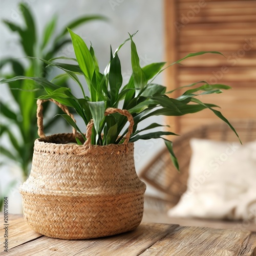 Indoor Plant in a Woven Basket on a Wooden Table in a Cozy Living Space With ...