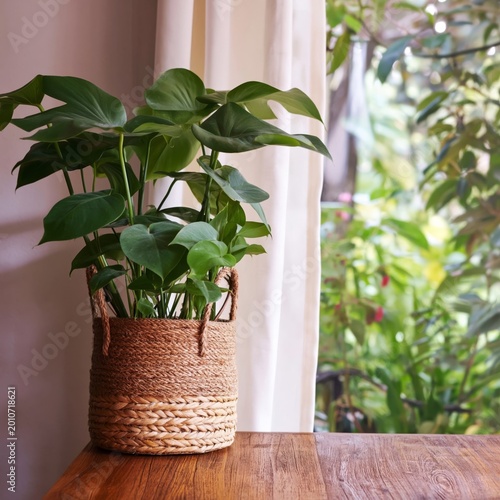Indoor Plant in a Woven Basket on a Wooden Table in a Cozy Living Space With ...