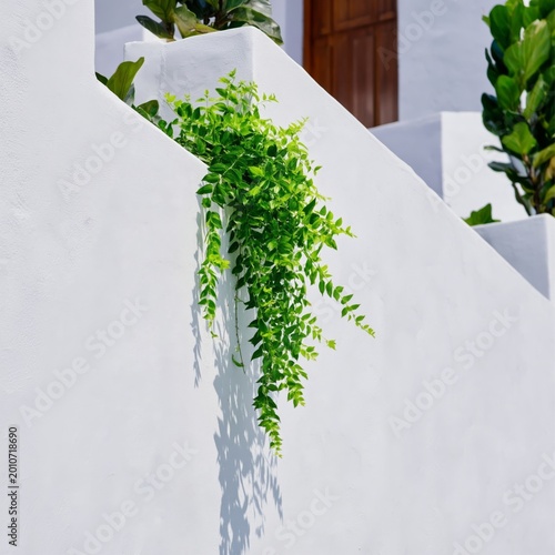 Green Plant Grows Through White Wall in Urban Setting Near a Stone Floor in B...