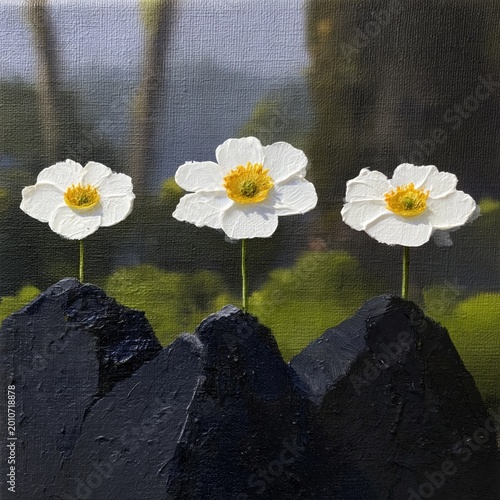 Three White Flowers Stand on Black Rocks in a Garden Setting During Daytime