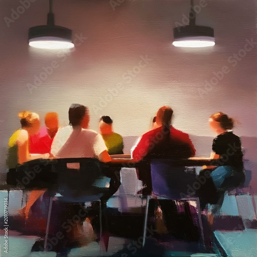 Gathering of Friends Around a Table at Night With Focused Conversation and Wa...