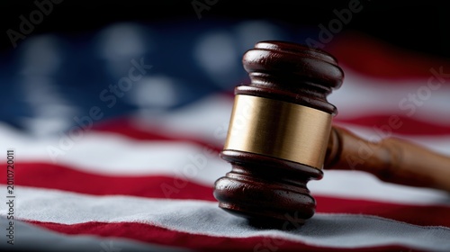 Wooden judge gavel on american flag background for legal justice banner and courtroom design imagery for law firm and advocacy materials
