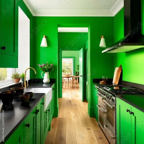 Bright Green Kitchen With Modern Design and Plants During Daylight Hours