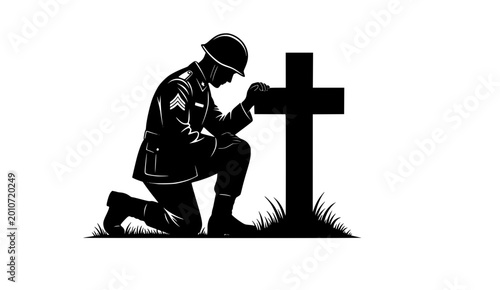 Kneeling Soldier Silhouette Beside Cross Grave
