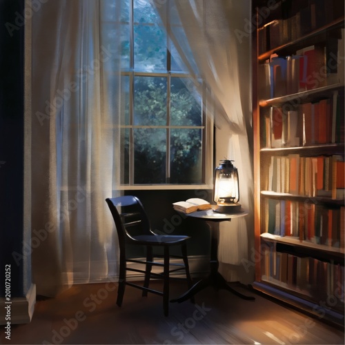 Cozy Evening Setting With a Chair, Table, and Lamp Beside a Window and Booksh...