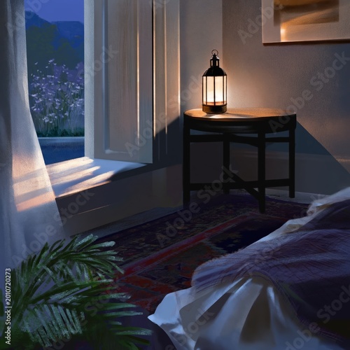 Cozy Evening Setting With a Chair, Table, and Lamp Beside a Window and Booksh...