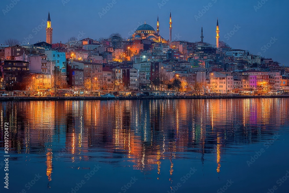 Obraz premium Istanbul Blue Hour Panorama City Lights Reflecting In