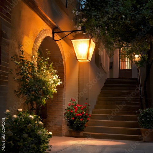Beautiful Courtyard With Pink Flowers and Warm Light in Historic Building Dur...