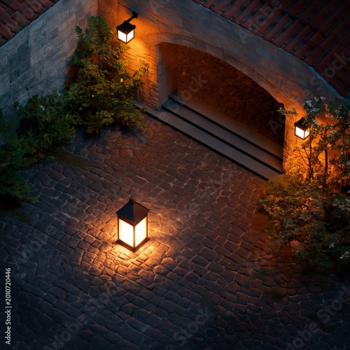 Lantern Lights Courtyard in Evening, Creating Soft Glow Against Architecture