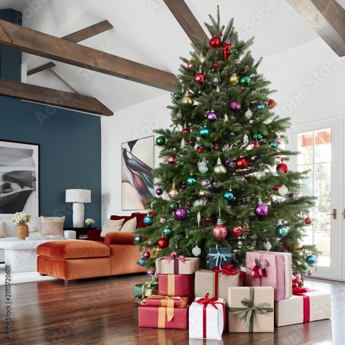 Christmas Tree With Colorful Ornaments and Wrapped Gifts in Cozy Living Room ...