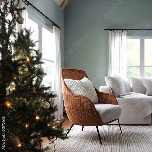 Christmas Tree Beside Chair in a Room With Green Wall and Lights in the Evening