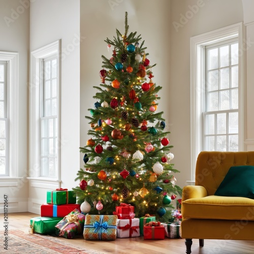 Holiday Decorations Fill a Cozy Living Room With Two Christmas Trees and Gift...