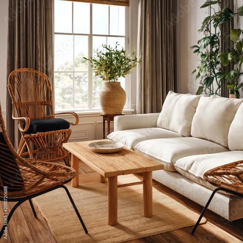 Modern Living Room Design With Brown Furniture and Blue Chairs in a Bright In...