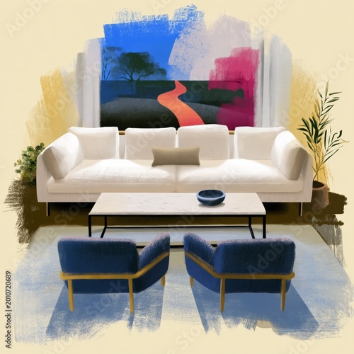 Modern Living Room Design Featuring White Sofa and Artwork on Wall