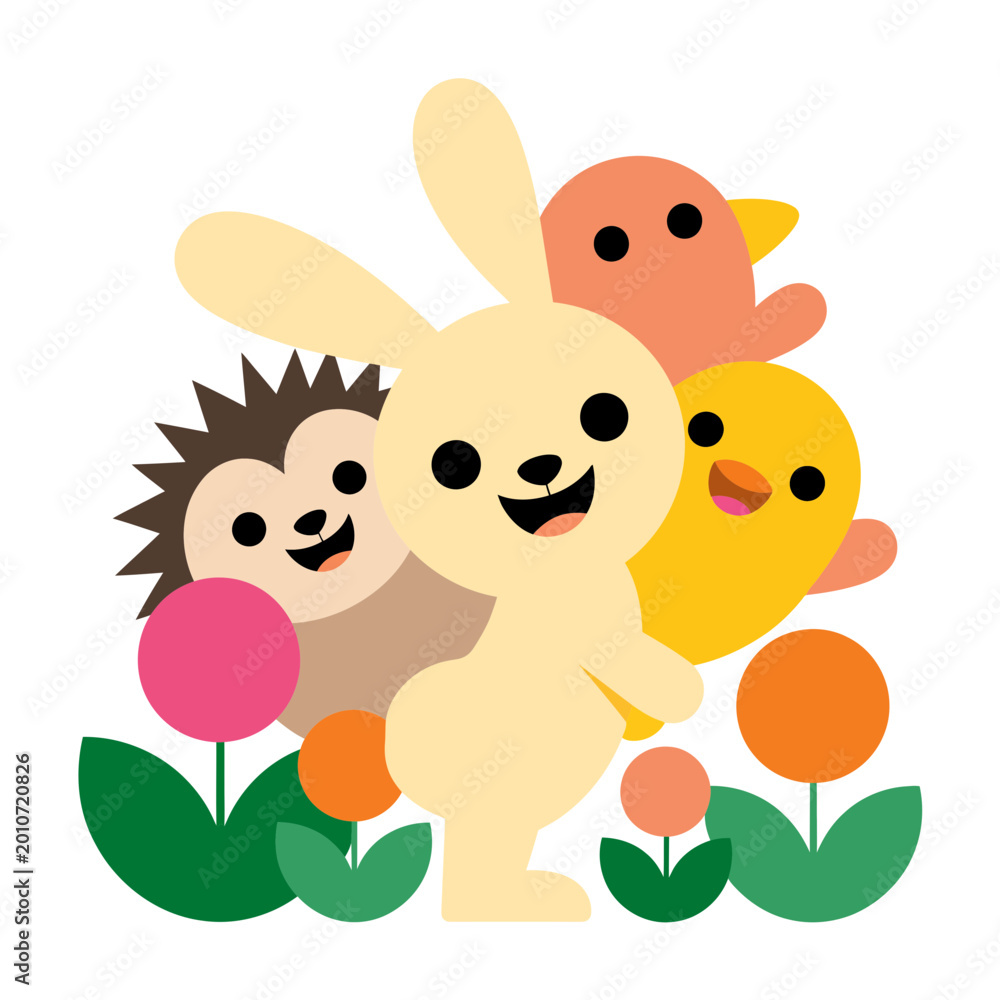 Fototapeta premium Charming digital illustration of a bunny, hedgehog, and chicks amidst colorful flowers, embodying springtime joy and gentle companionship.