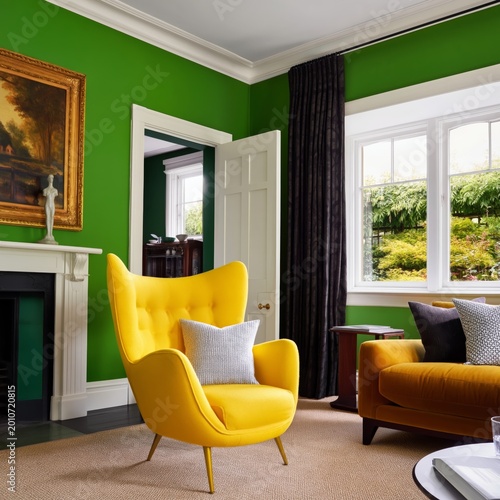 Bright Chair in a Green Room With a View of the Outside Garden on a Sunny Day