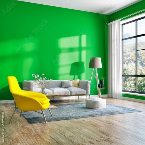 Cozy Chair in Bright Room With Green Walls and Light Streaming in From Windows