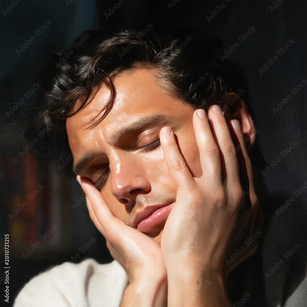 Fototapeta premium Man Resting With Hands on His Face in a Cozy Indoor Setting During Daytime