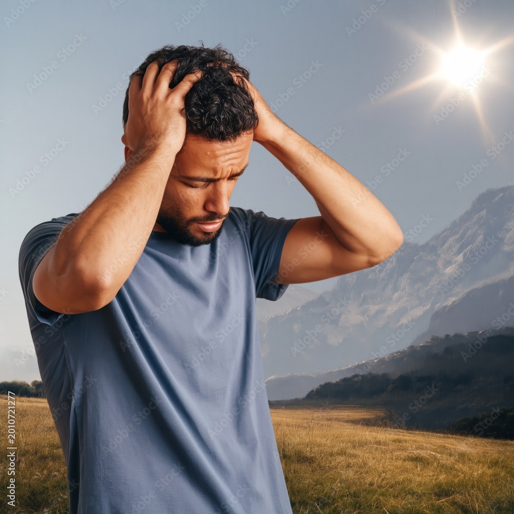 Obraz premium Young Man Holds Head in Frustration on Grassy Field Under Bright Sun Near Mountains at Midday