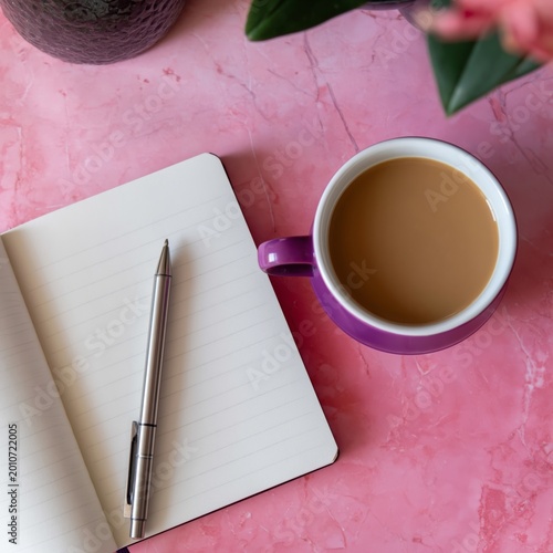 Coffee Cup and Open Notebook With Pen on Pink Surface With Plant in Backgroun...