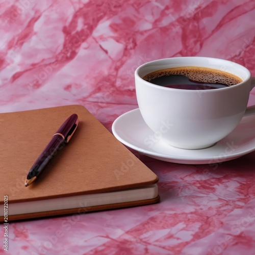 Coffee Cup and Open Notebook With Pen on Pink Surface With Plant in Backgroun...