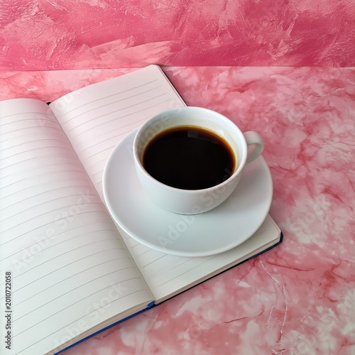 Hot Coffee on a White Cup Placed Next to an Open Notebook on a Pink Backgroun...