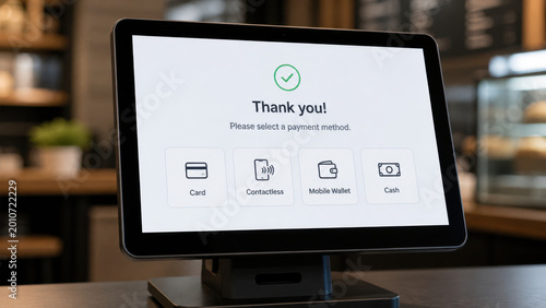 Payment terminal with screen for selecting payment method, contactless payment, bank card, mobile wallet, modern checkout system in cafe.