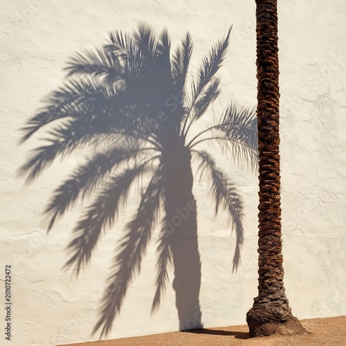 Shadow of a Palm Tree on a White Wall During Daytime in a Warm Location