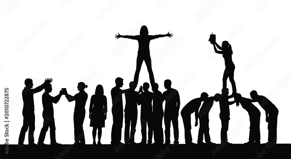 Fototapeta premium Silhouette illustration of a diverse group of people stacking on each other in teamwork