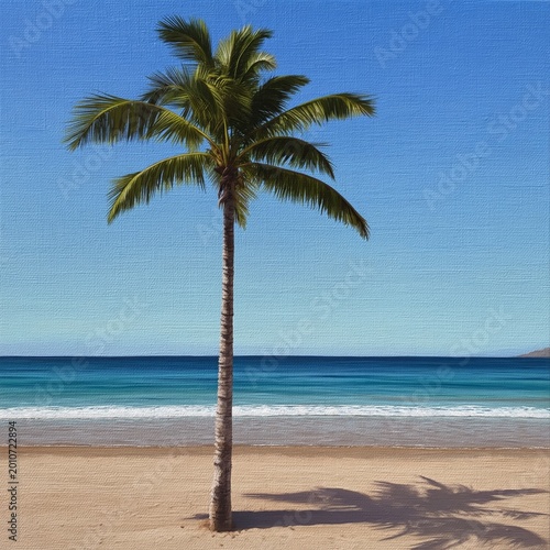 Palm Tree Stands on the Sandy Beach by the Ocean With Clear Blue Skies Above
