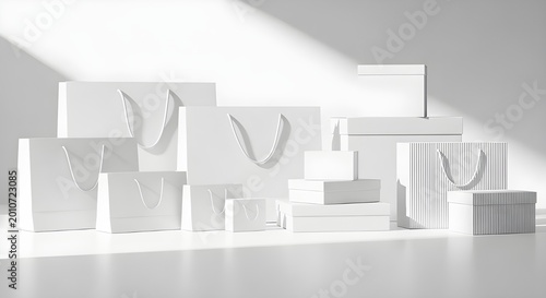 Minimalist white geometric product display scene with abstract shapes, soft shadows, and clean studio lighting creating a modern mockup background.
