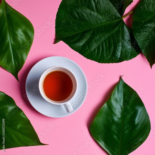 Warm Cup of Tea Placed on Pink Surface With Large Green Leaves Around It Crea...