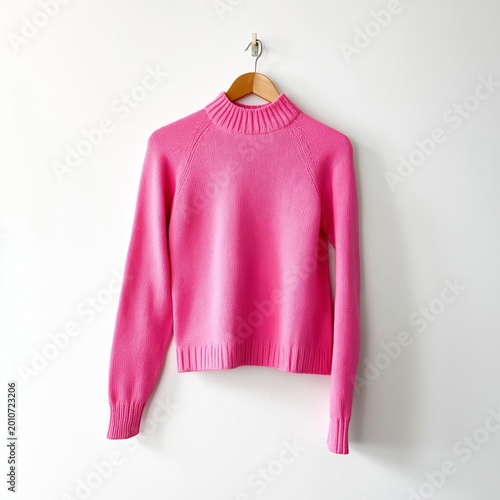 Bright Pink Sweater Hanging on a Hook Against a Plain White Wall
