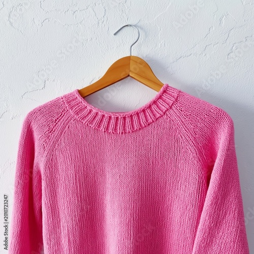 Bright Pink Sweater Hanging on a Wooden Hanger Against a Light Wall