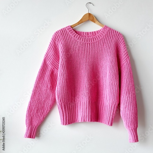 Bright Pink Sweater Hanging on a Wooden Hanger Against a Light Wall