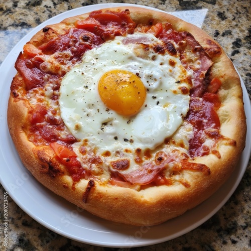 Homemade Pizza Topped With Ham, Tomatoes, Cheese, and a Fried Egg on a Plate